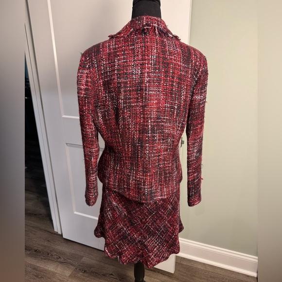 Giorgio fiorlini red pink black Tweed Jacket & Skirt Set fringe Y2K powersuit - Picture 4 of 9